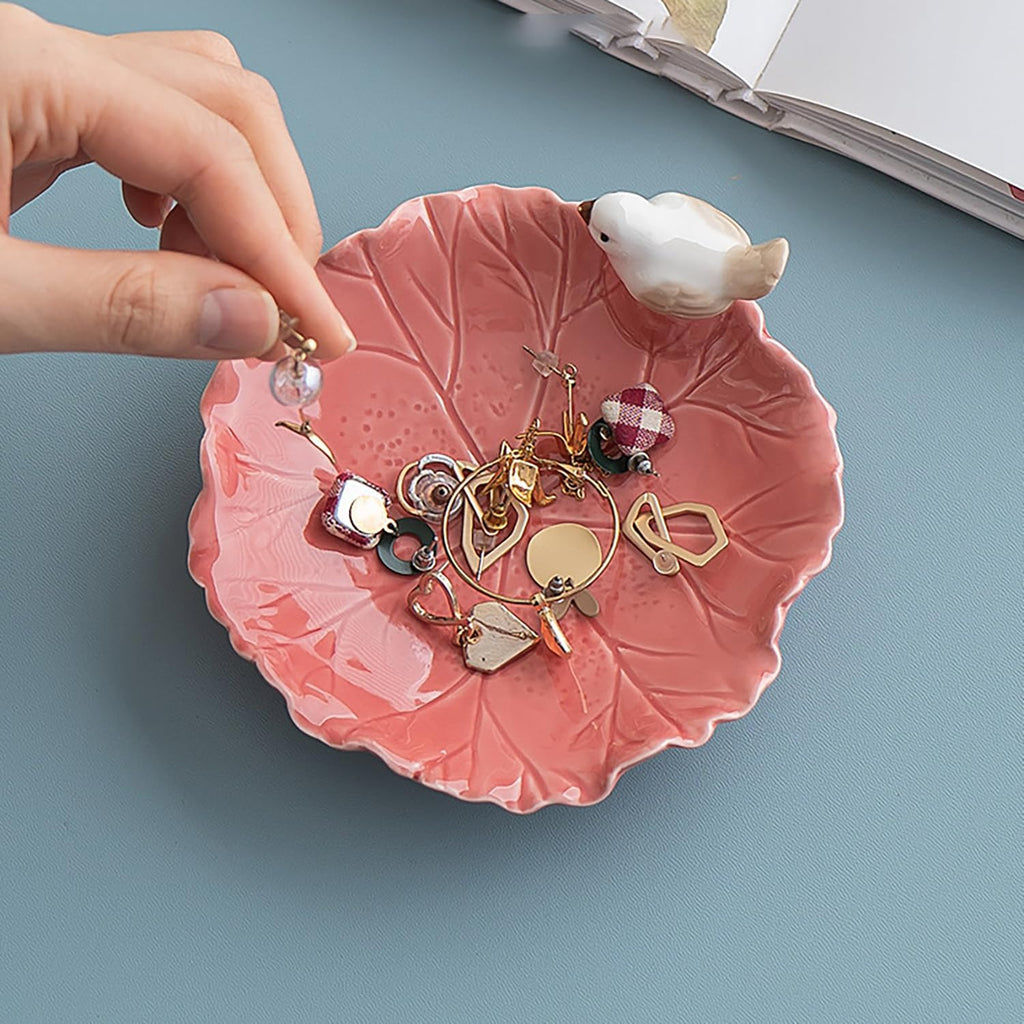 Cute Bird Lotus Ceramic Trinket Dish,Jewelry Ring Dish, Ceramic Trinket Tray, Key Bowl, Dessert Plate,Bathroom