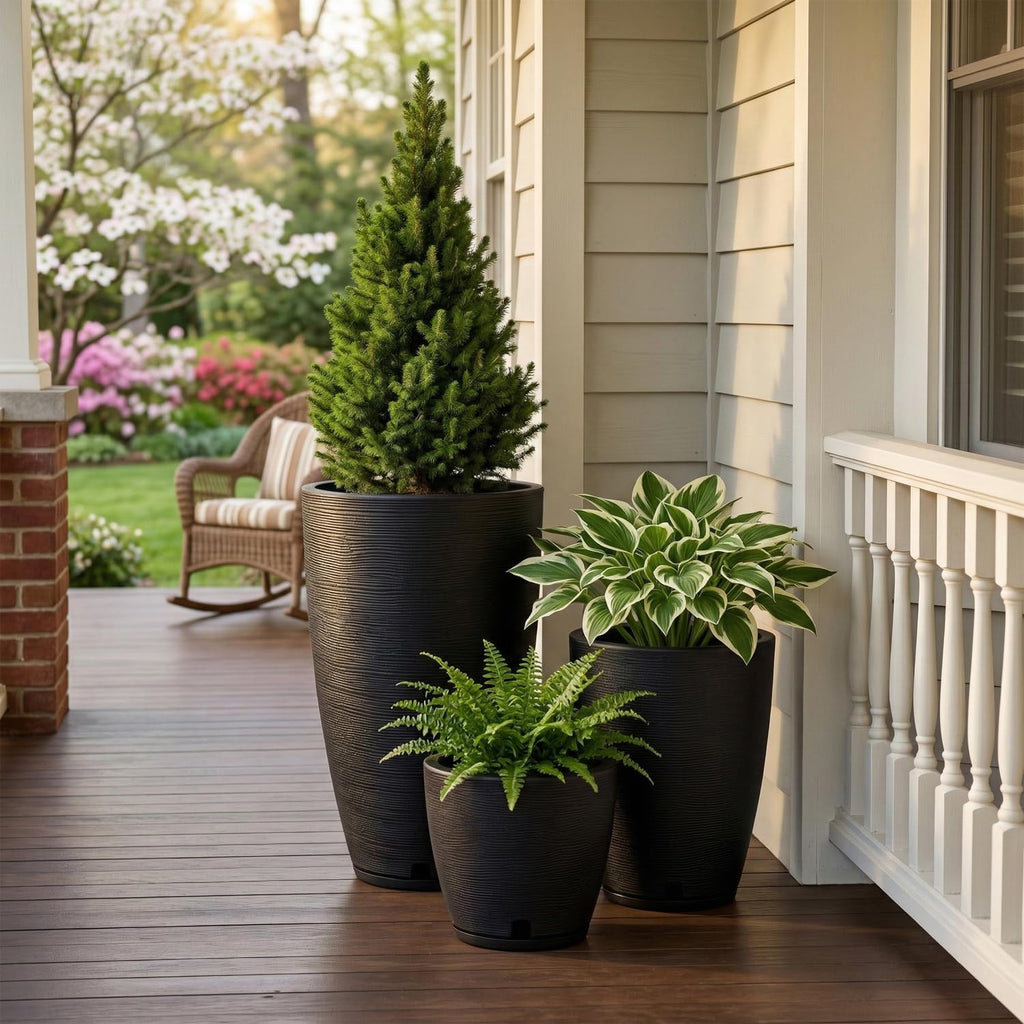 Set of 3 Black Planters for Indoor Outdoor Plants, 11/17/25 Inch Plant Pots with Drainage Hole and Saucer and Front