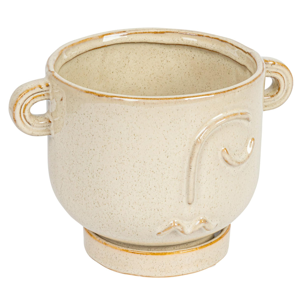 8.25 Inches Stoneware Face Planter with Reactive Glaze, Handles, and Saucer, Holds 5 Inches Pot, Cream Color