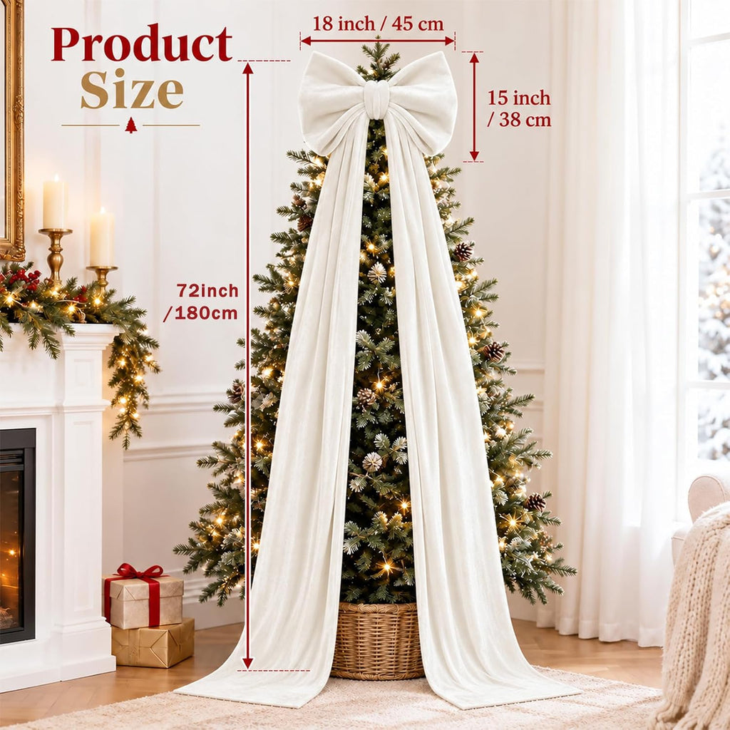 72 * 18 Inch Giant Velvet Bow Christmas Decorations, White Bow Tree Toppers
