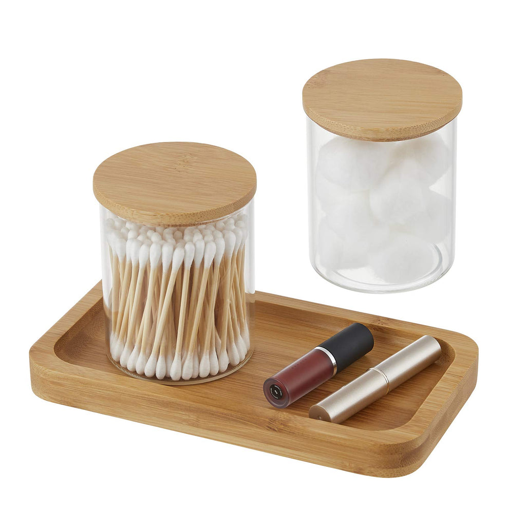 Glass Qtip Holder with Vanity Tray, Apothecary Jars Bathroom Accessories Bathroom Canisters Organizer Countertop Q