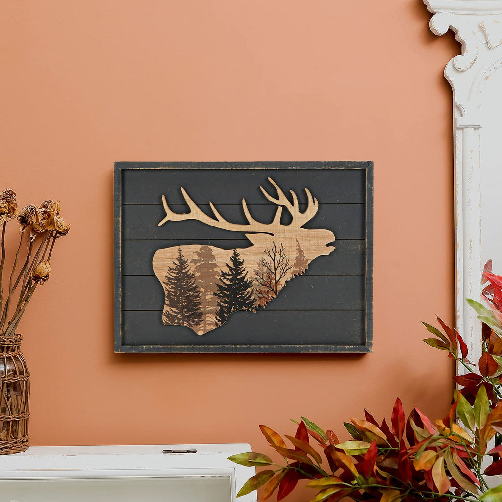 Cabin Wall Decor, Decorative Moose Wood Framed Forest Mountain Woodland Wildlife Lodge Deer Animal Picture Art Print