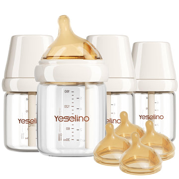 Natural Glass Baby Bottle 4 Pack with Extra Nipples - 2 Slow Flow (Size S) and 2 Medium Flow (Size M), 5.4 oz, Anti