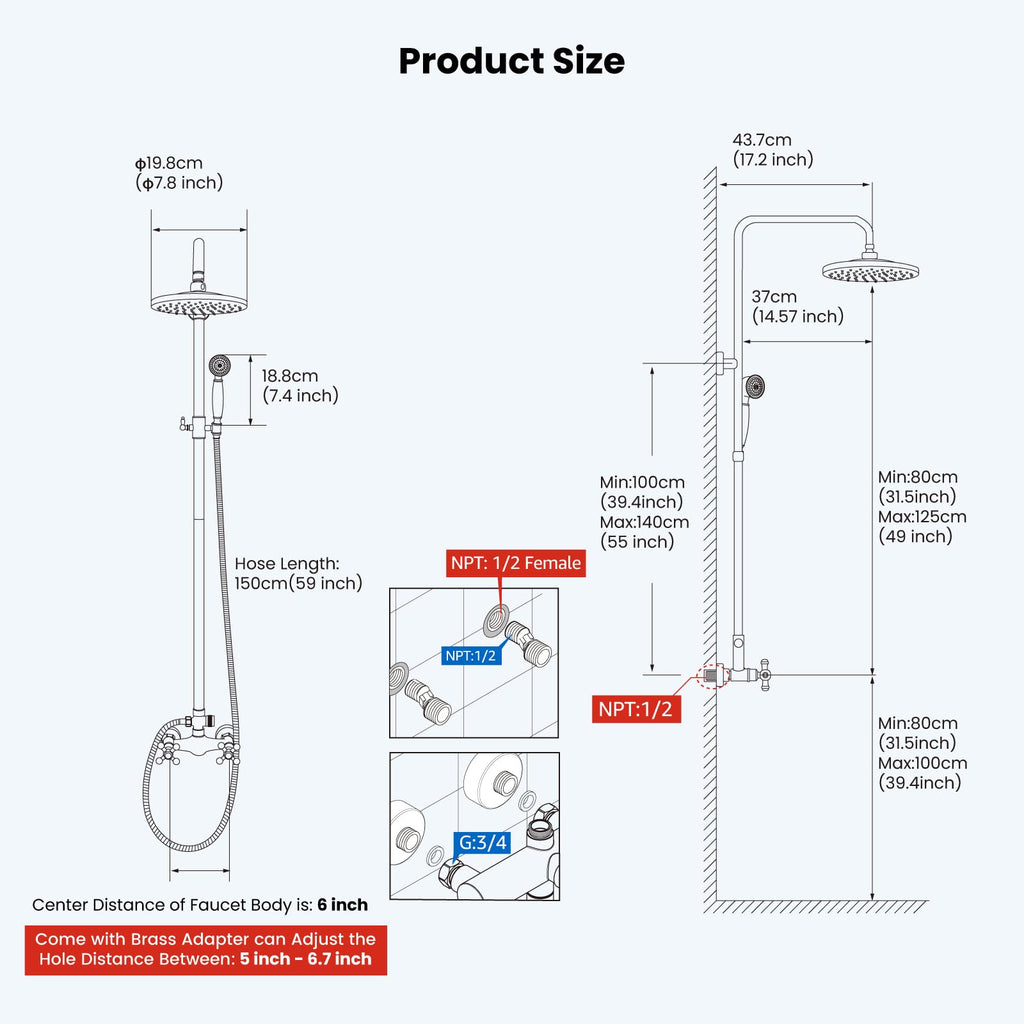 Exposed Shower System 8'' Head with Handheld Antique Brass