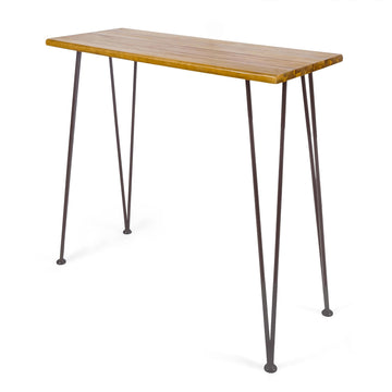 Denali Ouotdoor Industrial Acacia Wood Bar Table with Iron Frame, Teak Finish / Rustic Metal