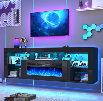 71" Floating for up to 85" TVs, Modern High Gloss Entertainment Center w/40 Electric Fireplace, Charging Station&LED