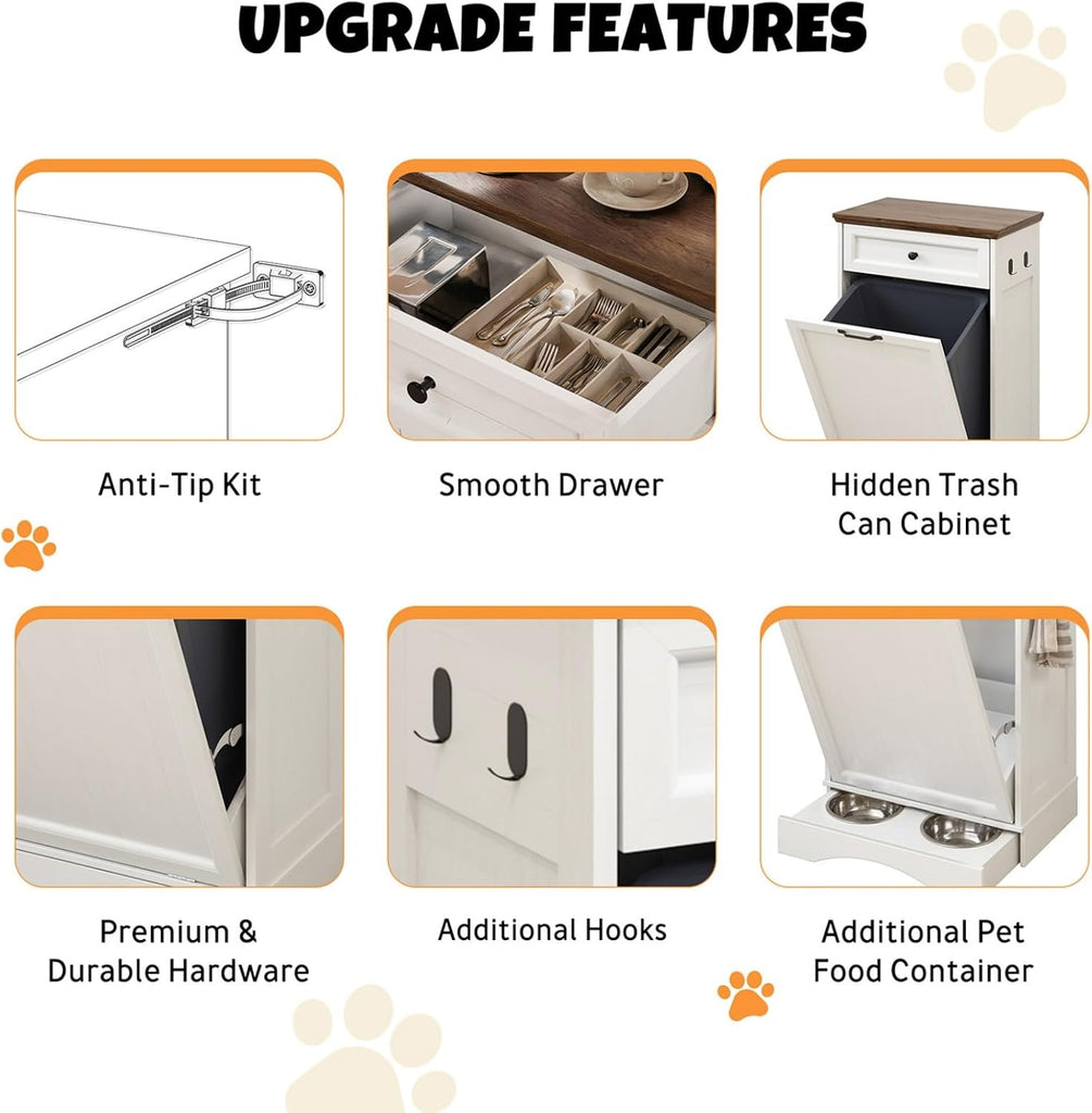 Tilt Out Trash Can Cabinet with Dog Bowl, 10 Gallons Dog Feeding Station with Storage Cabinet, Pet Food Cabinet