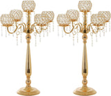 2Sets 5 Arm Gold Crystal Candelabra Centerpieces for Table,29.5 Inch Tall Metal Candlestick Holdersrty Table Decoration