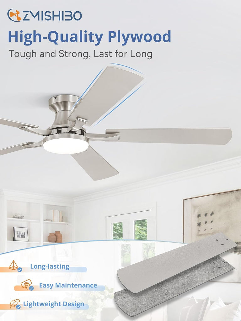 60 Inch Ceiling Fan with Light, App&Remote Control, Flush Mount Low Profile, Dimmable 20W LED Light, Quiet Reversible Motor for Bedroom, Living Room, Apartment, Nickel A101-B0F8B7DBTJ