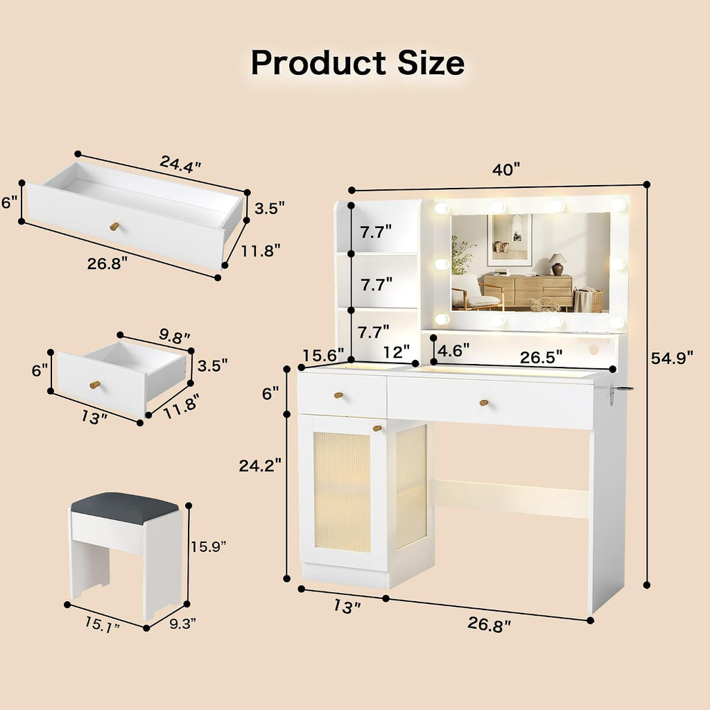 White Makeup Vanity Desk: 40" Vanity Desk with Mirror and Lights and Chair, Modern Makeup Table with Glass Top, 4