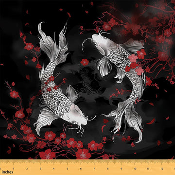 Koi Fish Fabric by The Yard Japanese Cherry Blossoms Waterproof Outdoor Fabric Asian Black Red Upholstery Fabric