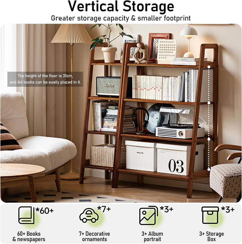 Ladder Shelf, 4-Tier Bookshelf, Modern Narrow Bookshelf, 100% Solid Wood Bookshelf, Shelves (35 Inches)