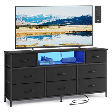 Dresser with Outlets & LED Lights, 8 Fabric Drawers