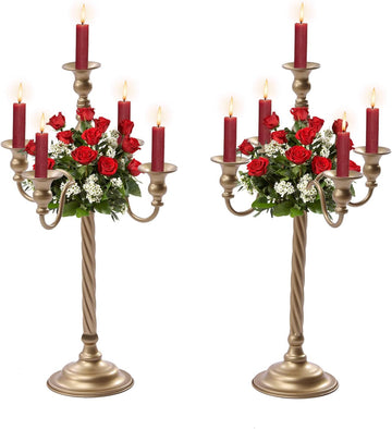 2Pcs Gold Candelabra, 21in Tall Taper Candlestick 5 Arms, Wedding Candelabra, Table Centerpiecent Reception