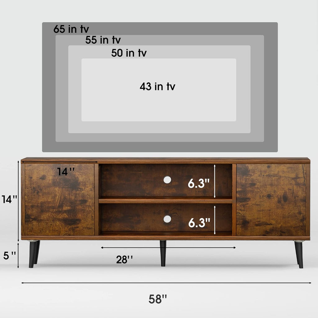 TV Stand for 65 Inch TV, Mid Century Modern TV Stand, Entertainment Center with Storage Cabinet and Open Shelves, TV