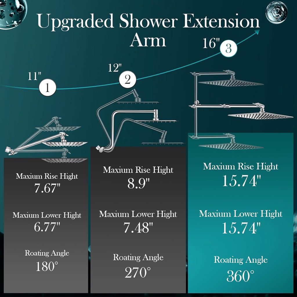 12'' Rain Shower Head Combo, High Pressure Rainfall Shower Head with 16'' Flexible Adjustment of Height/Angle Upgraded
