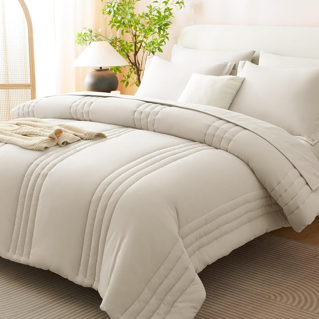 Queen Comforter Sets - 7 Piece Bed in a Bag Beige Comforter Set with Sheets Luxury Queen Bed Set All Seasons