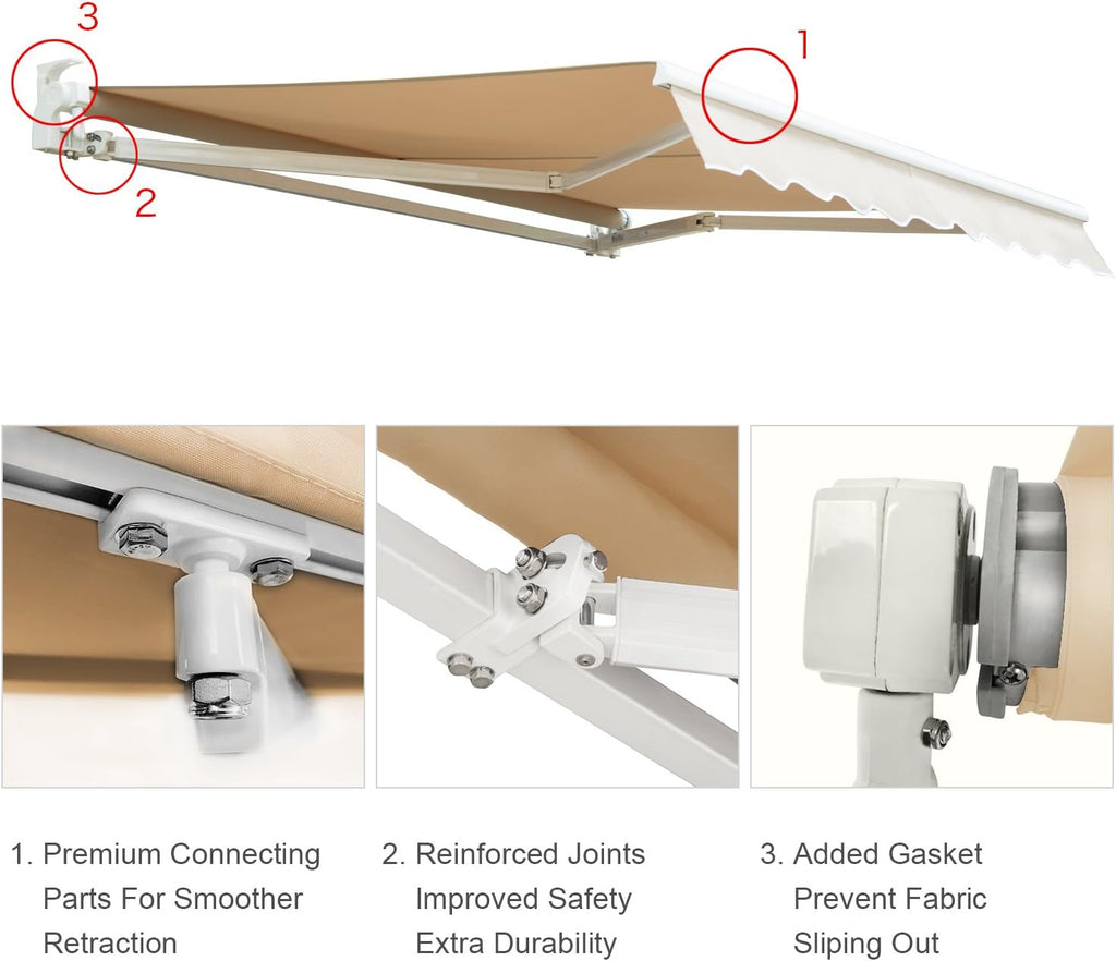 12'x10' Patio Awning Retractable, Fully Assembled Manual Commercial Grade - Quality 100% 280G Ployester Window Door