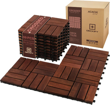 9Pcs Acacia Wood Interlocking Patio Deck Tiles, 12 x 12 x 0.9 Inch Outdoor Flooring, Waterproof for All-Weather Use