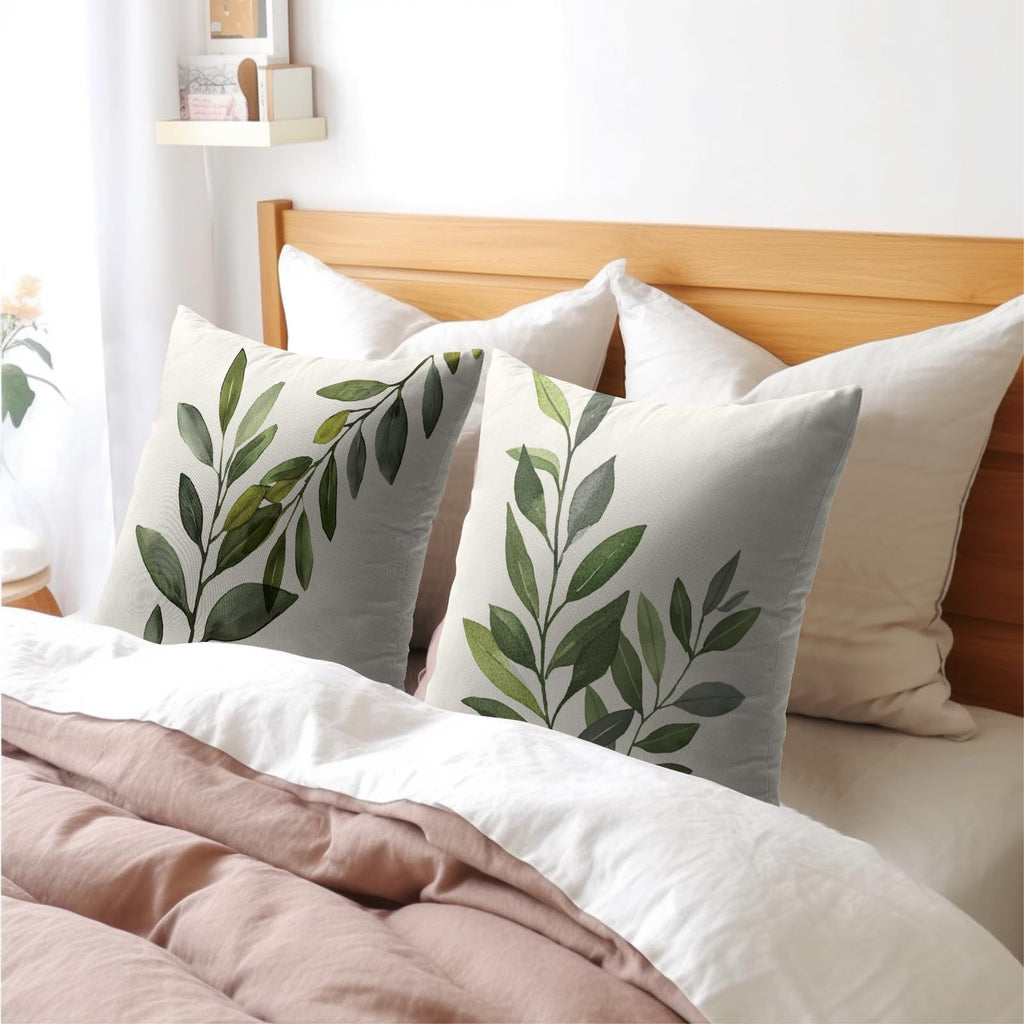 Olive Leaves Throw Pillow Covers 22x22 Inch Rustic Green Leaf Grey Square Pillowcases Cotton Linen Cushion Cover for