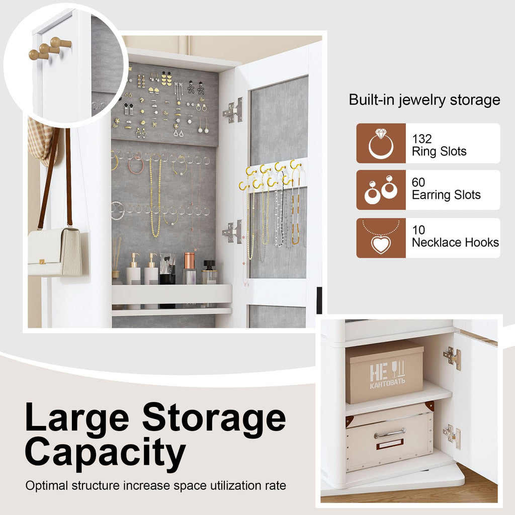 360° Swivel Jewelry Cabinet Makeup Jewelry Armoire with Full Length Mirror, Standing Storage Cabinet with a Coat