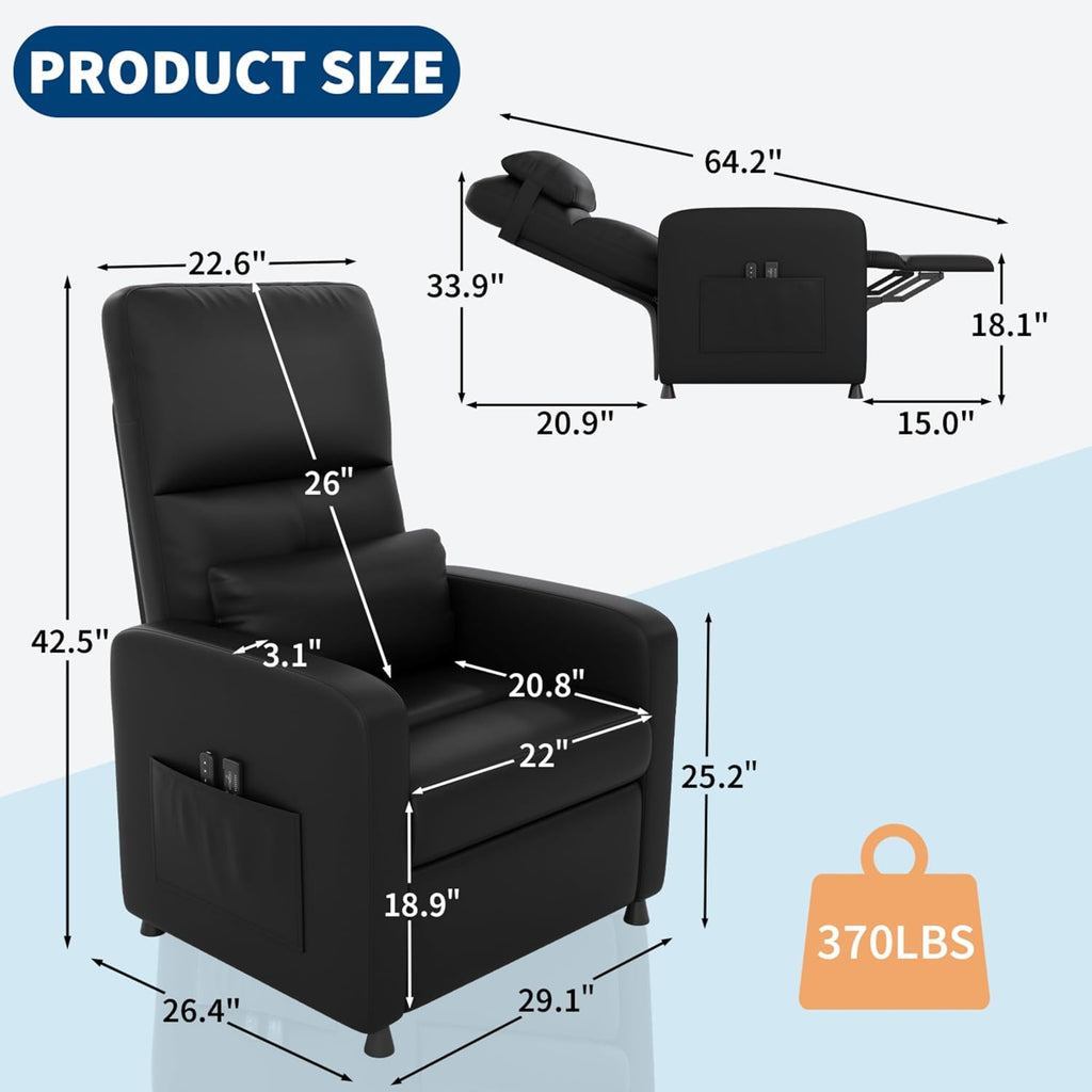 Power Recliner Chair with Massage and Heat, Adjustable Electric Recliner Ergonomic Overstuffed PU Leather Single