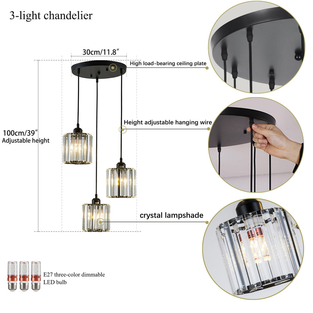 Crystal Pendant Lights Black 3 Light Cluster Ceiling, Modern Hanging Light Fixture Island, Adjustable Round Chandelier