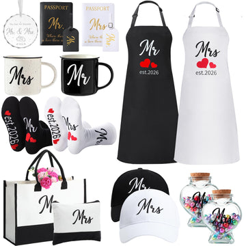 15 Pcs Mr Mrs Wedding Gift Set 2026 Aprons Mugs Hats, Bride