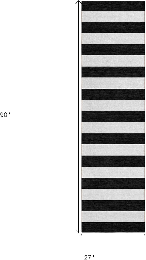8' Runner Black and White Striped Washable Non Skid Indoor Outdoor Runner Rug
