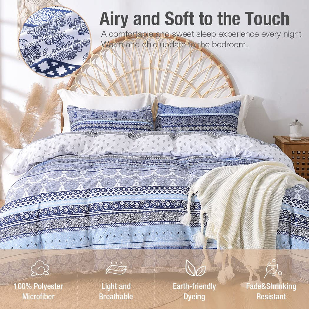 Reversible Boho Duvet Cover Queen Size, Blue and White Geometric