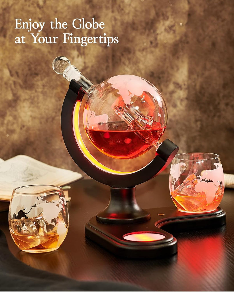 Light Up Whiskey Globe Decanter Gift Set with 2 Glasses