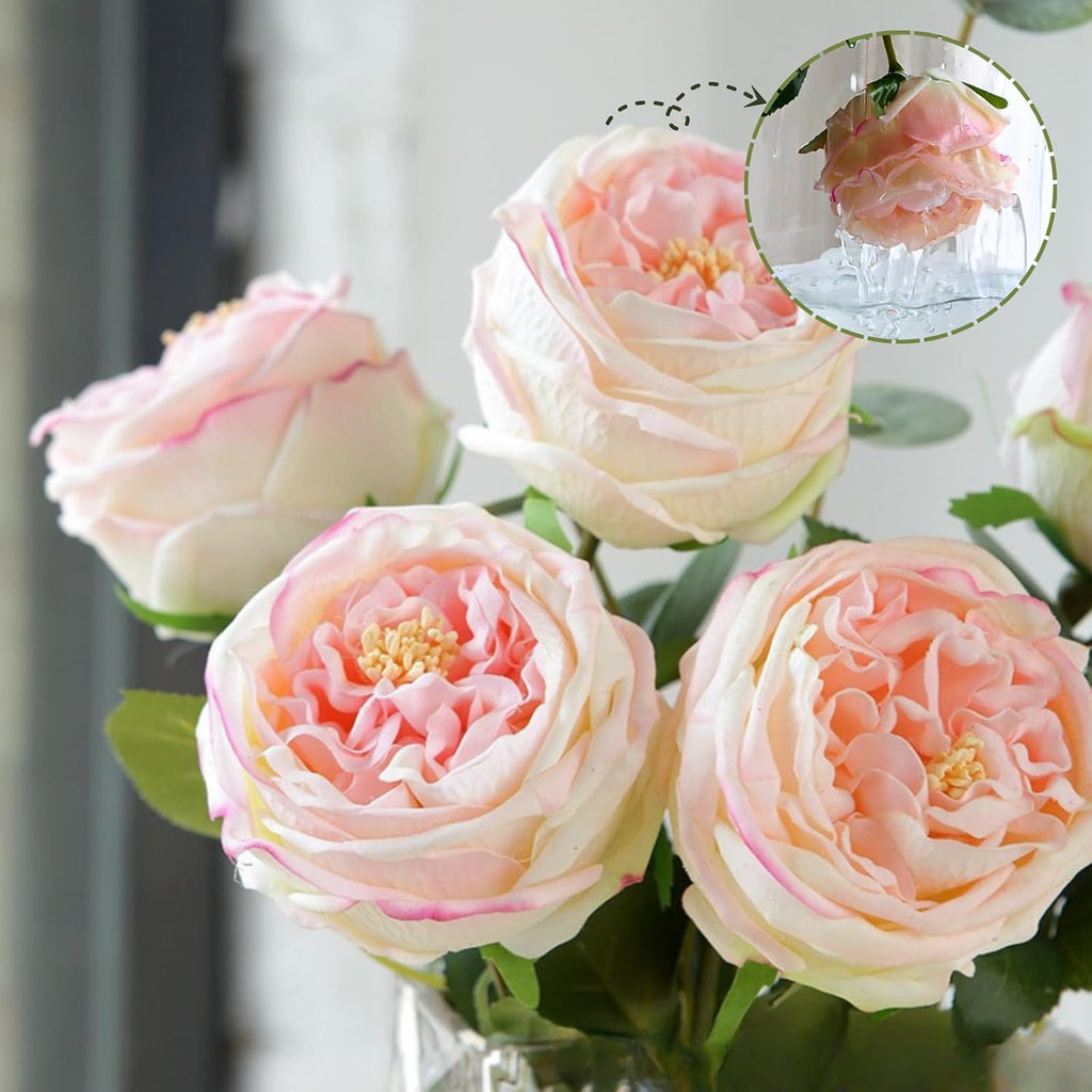 Real Touch Peonies Artificial Flowers, Blush Pink Fake Roses with Stem - Set of 6