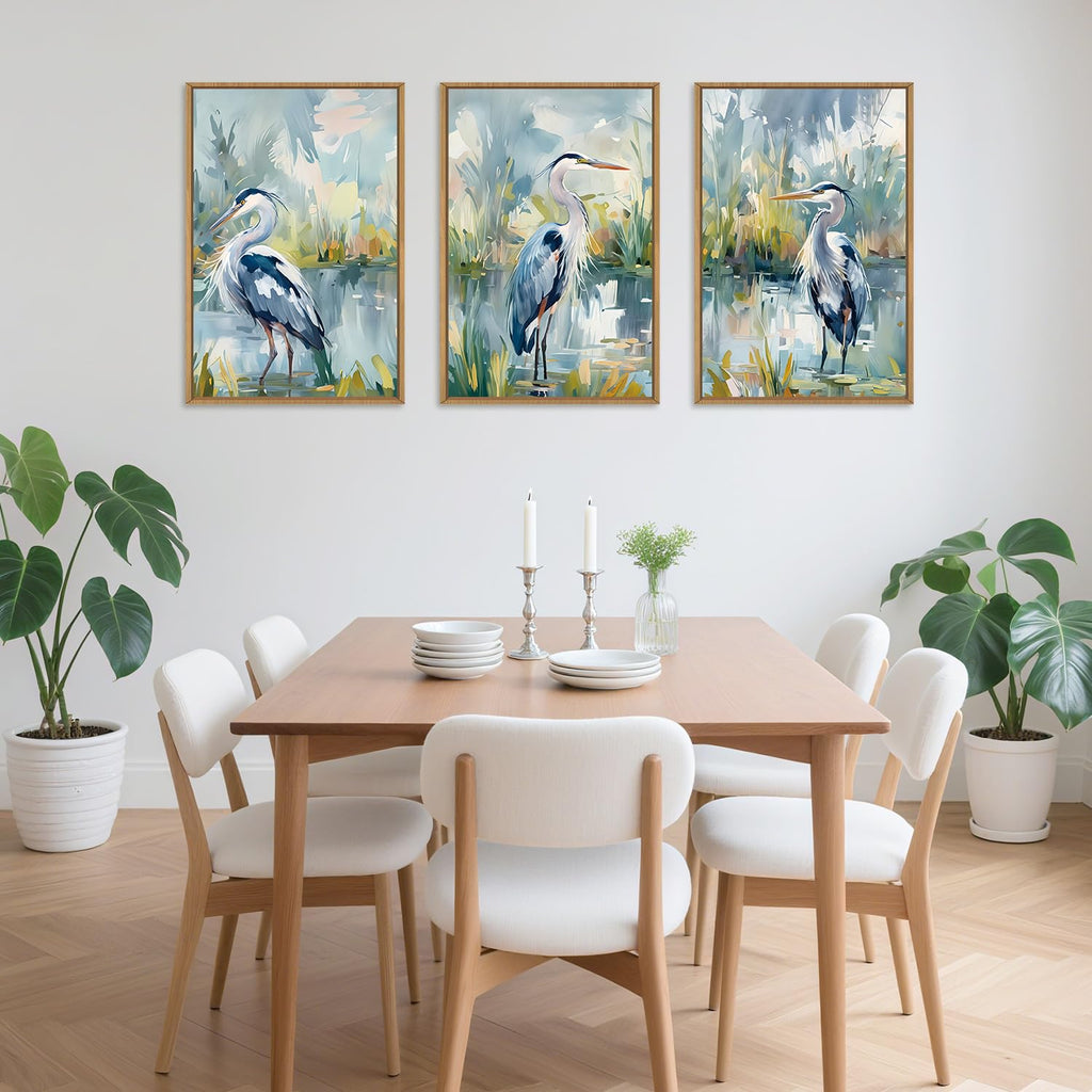 Great Blue Heron Wall Art Set of 3, Watercolor Coastal Bird Wall Decor(16x24), Wildlife Animal Illustrations Canvas