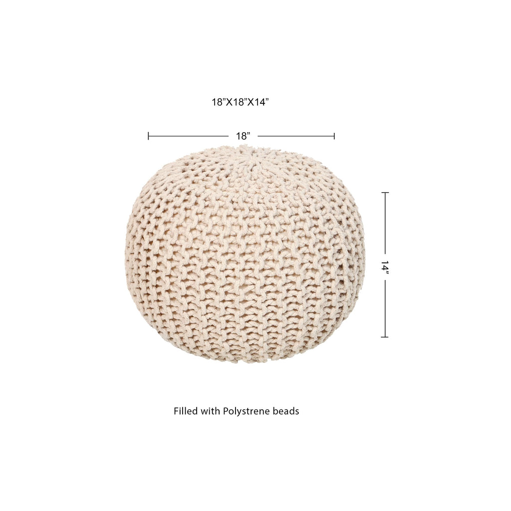 Round Pouf Ottoman - Hand Knitted Boho Poof Footrest - Ivory