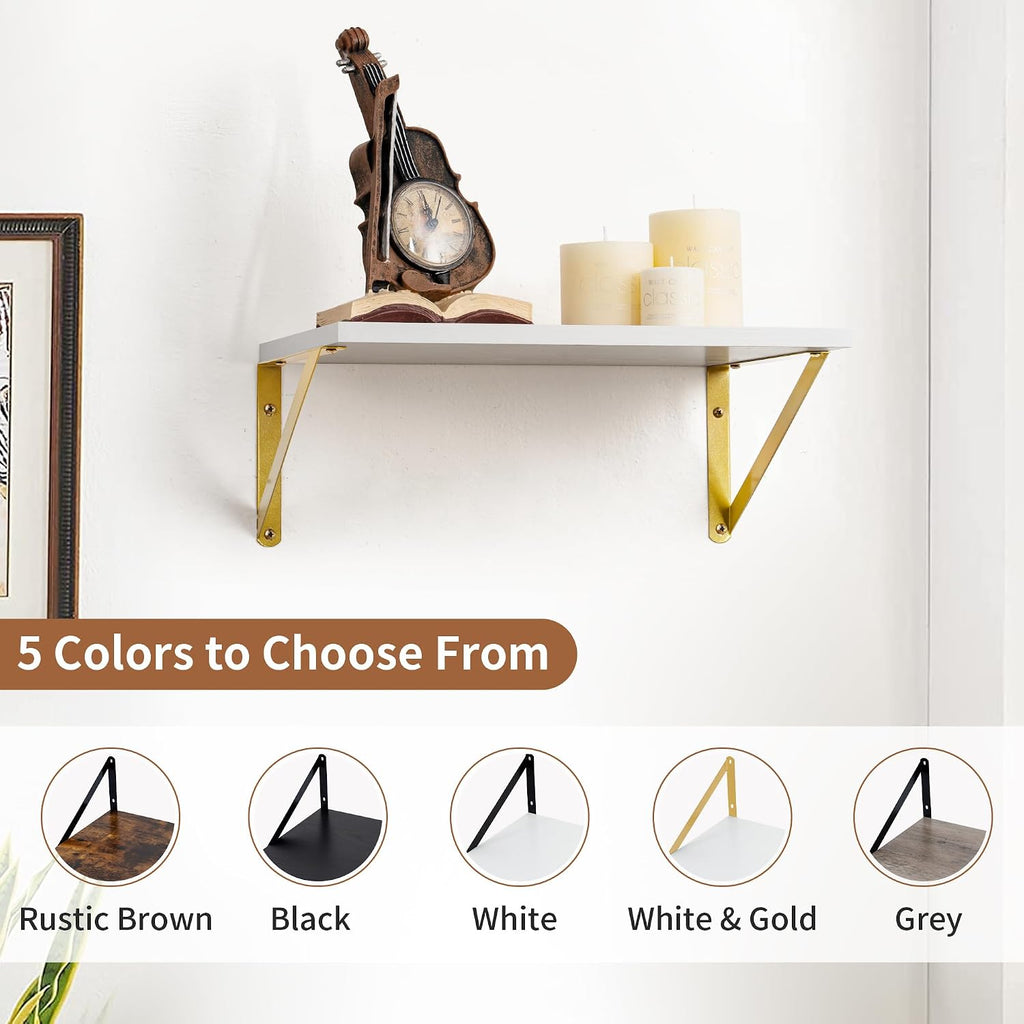 Deep Floating Shelves for Wall, 12 Inch Deep White and Gold Shelves Set of 2, 16W x 12D White Wood Wall Shelves with