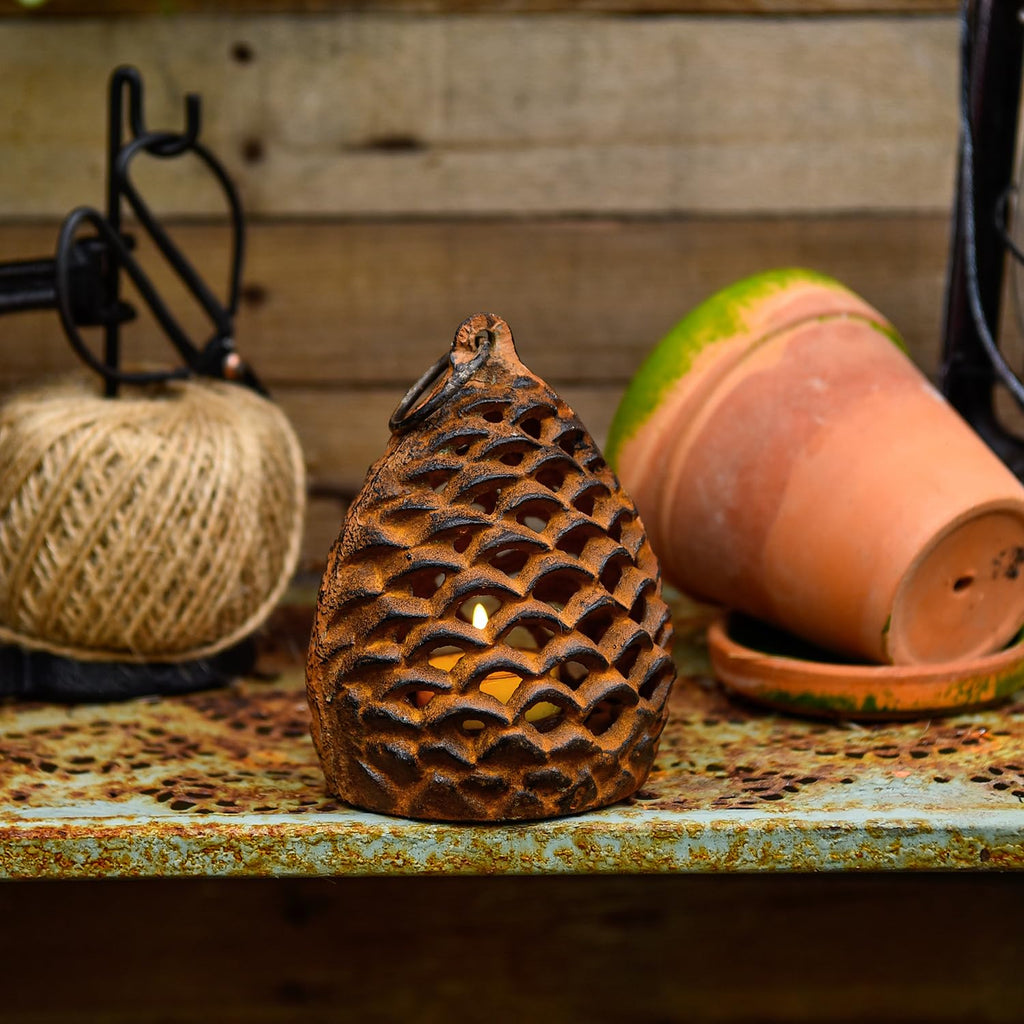 Cast Iron Lantern, Full Rust - Pinecone Hanging Candle Holder