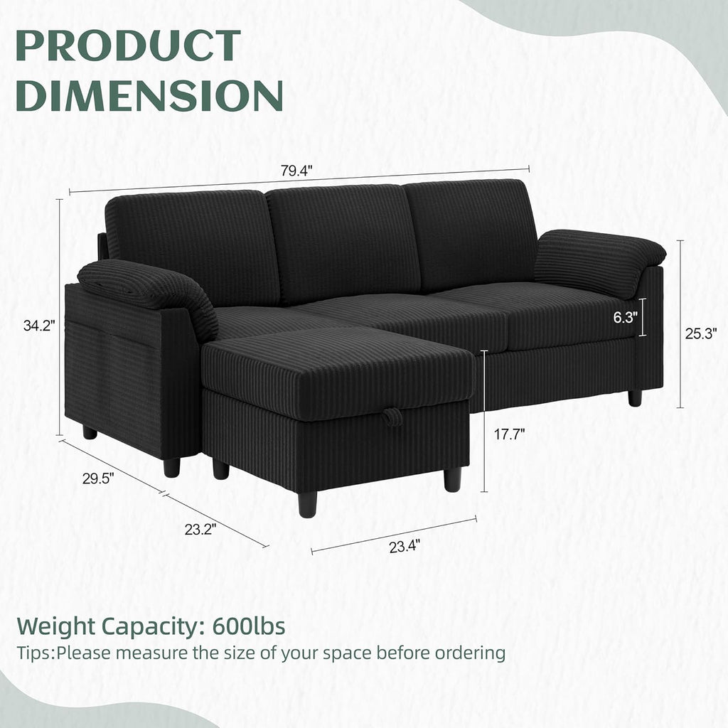 Convertible Sectional Couches, 3 Seat L Shaped Couch Sofa with Removable Pillows Soft Corduroy Fabric Small Couch Mid