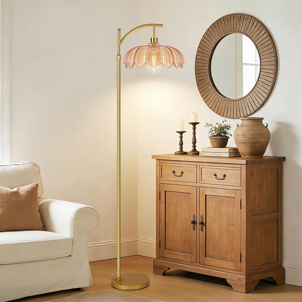 Gold Floor Lamp,Mid Century Modern Standing Lamp with Remote,Dimmable Brass Tall Lamp Amber Glass Vintage Retro Arc