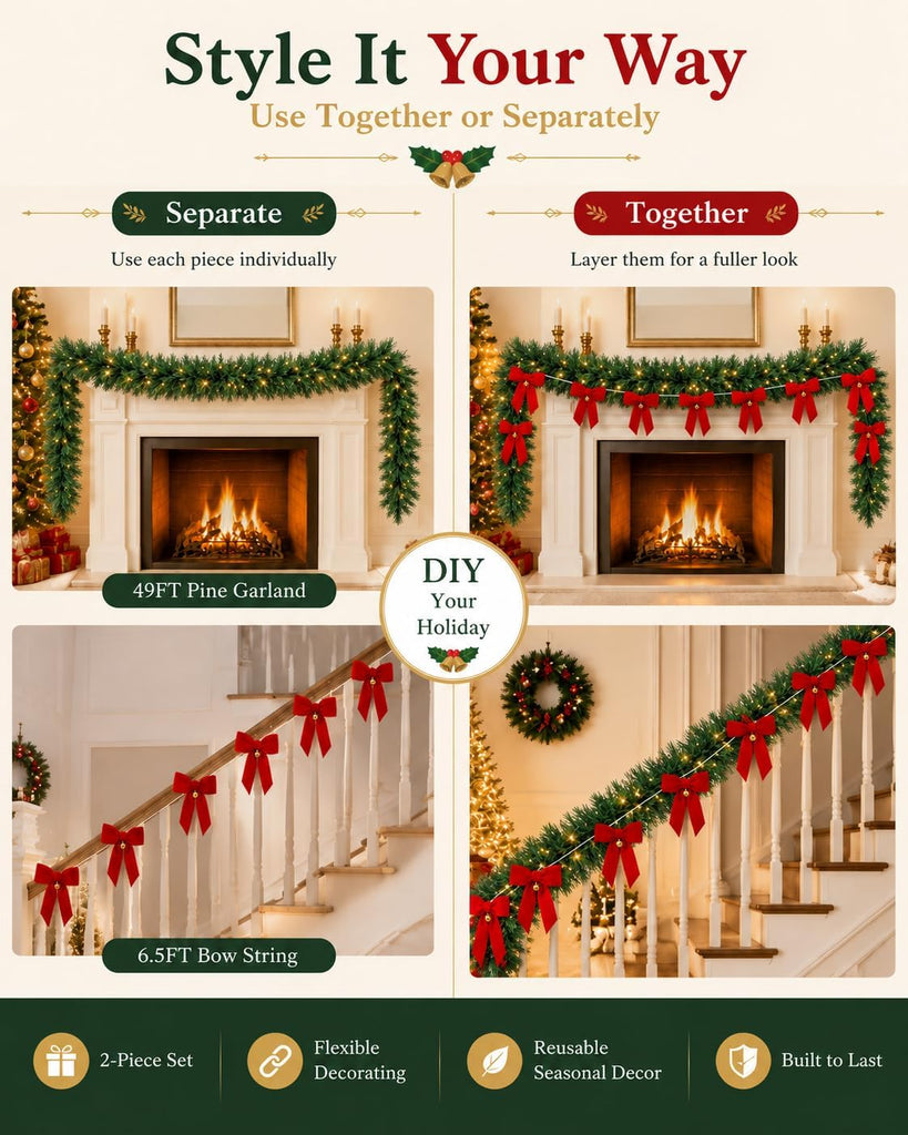 49 FT Christmas Pine Garland, 6.5 FT Velvet Red Bow Garland