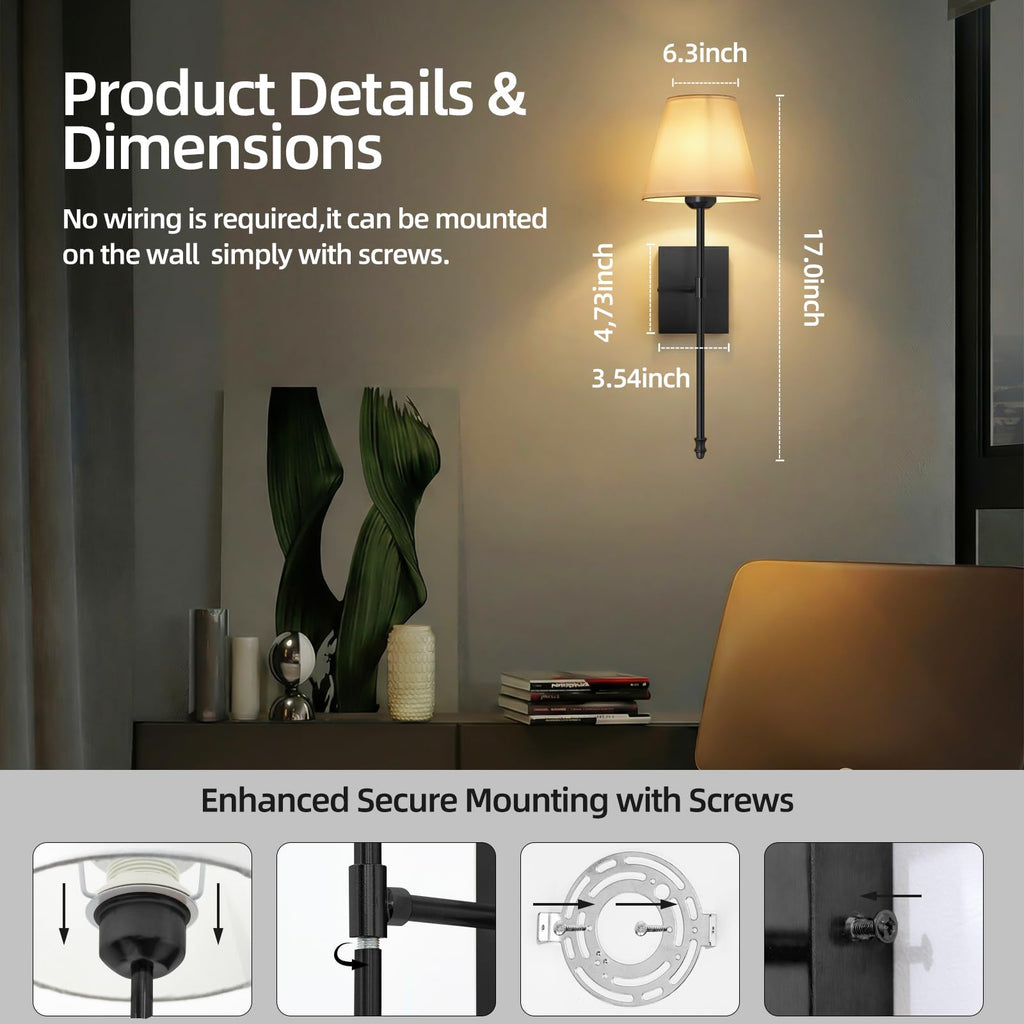 Rechargeable Battery Operated Wall Sconces Set of 2, Black Wireless Fabric Shade Wall Sconce with Remote Control