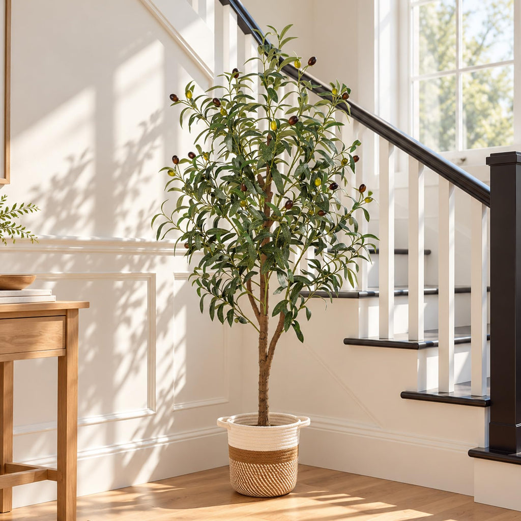 4FT Artificial Olive Tree Indoor Tall Faux with Planter & Basket Large Fake Olive Silk Trees Realistic Olive Plants