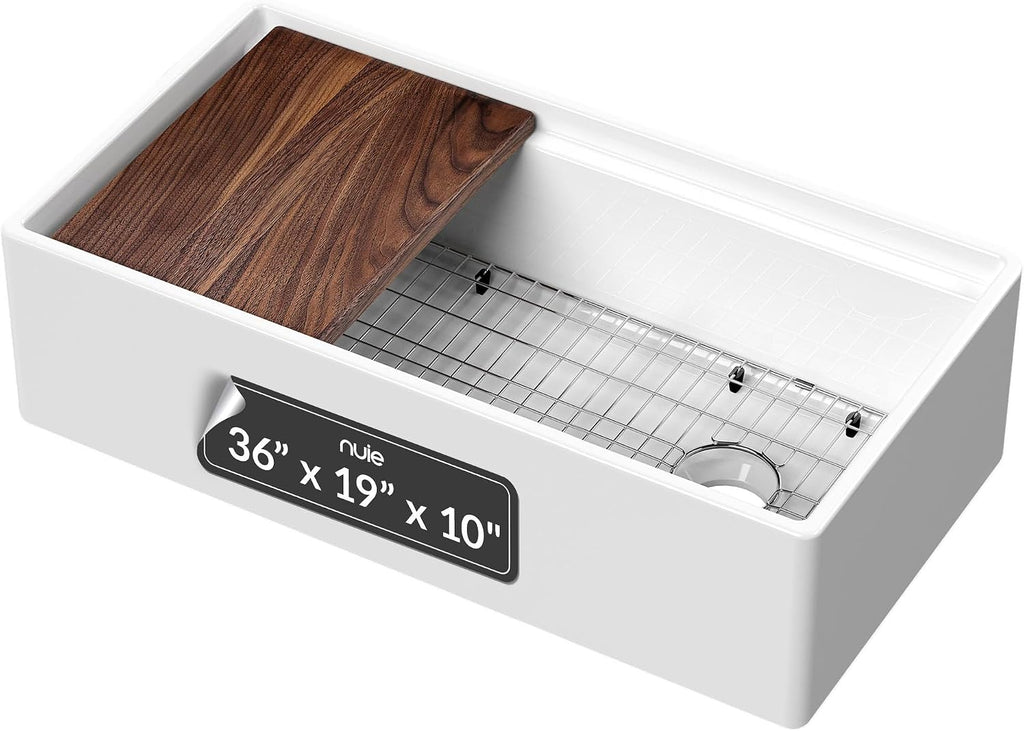 White Kitchen Sink 36 inch Single Bowl Apron Front Farmhouse Sink with Ledge, Grid and Cutting Board, Fireclay