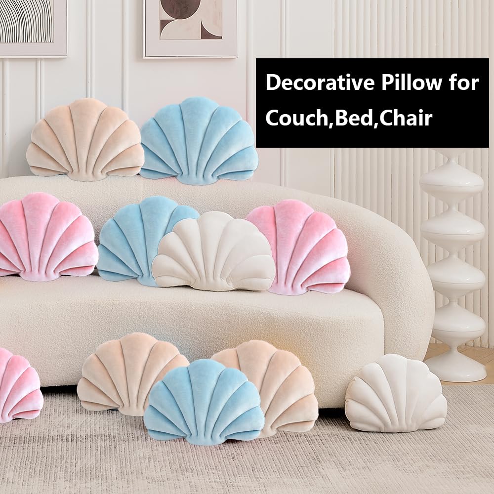Seashell Throw Pillows, Blue Shell Shaped Pillow, Velvet, 14 Inch