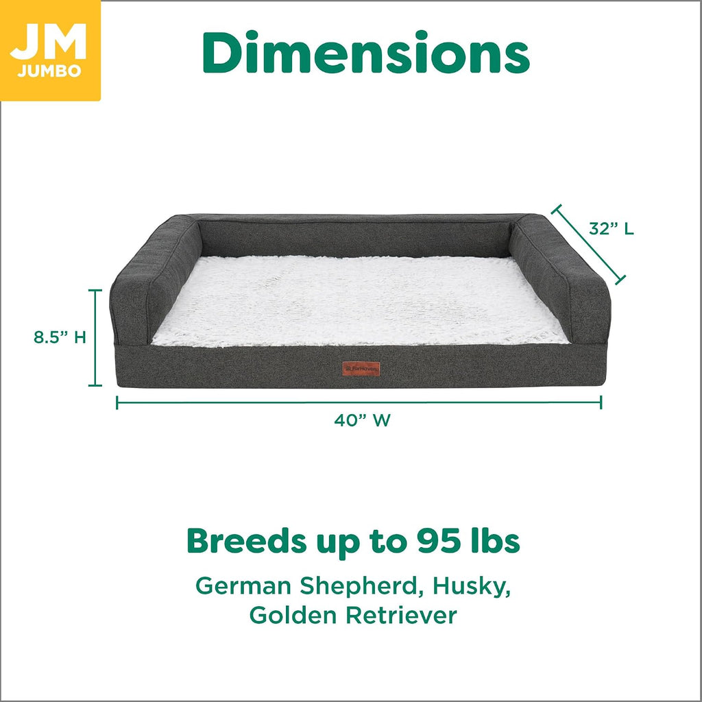 Birch Faux Fur & Soft Faux Linen Gel-Top Sofa Pet Bed, Charcoal, Jumbo