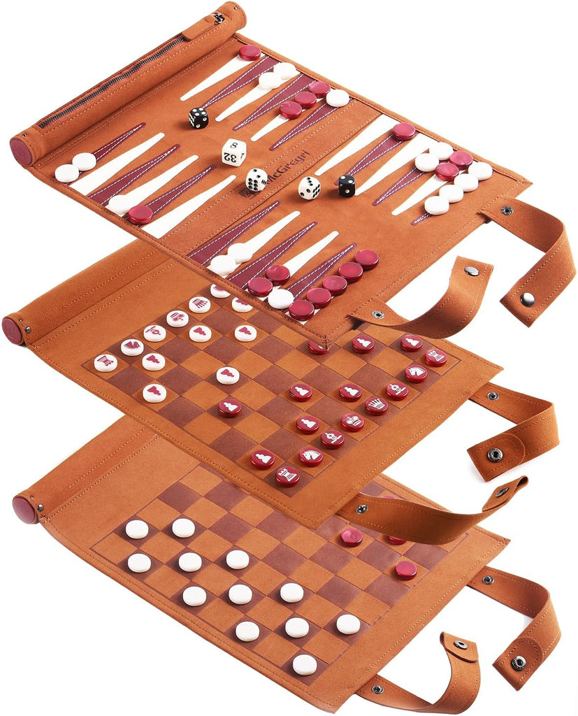 Travel Backgammon Set with Chess & Checkers, Roll-Up Board Game - Set of 3