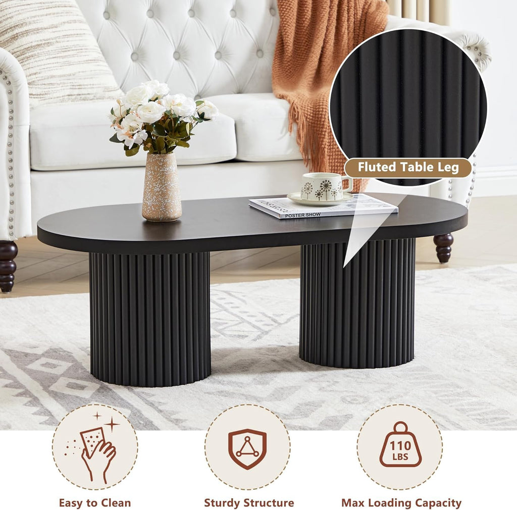 Small Fluted Coffee Table, Farmhouse Oval Wood Coffee Table, Black