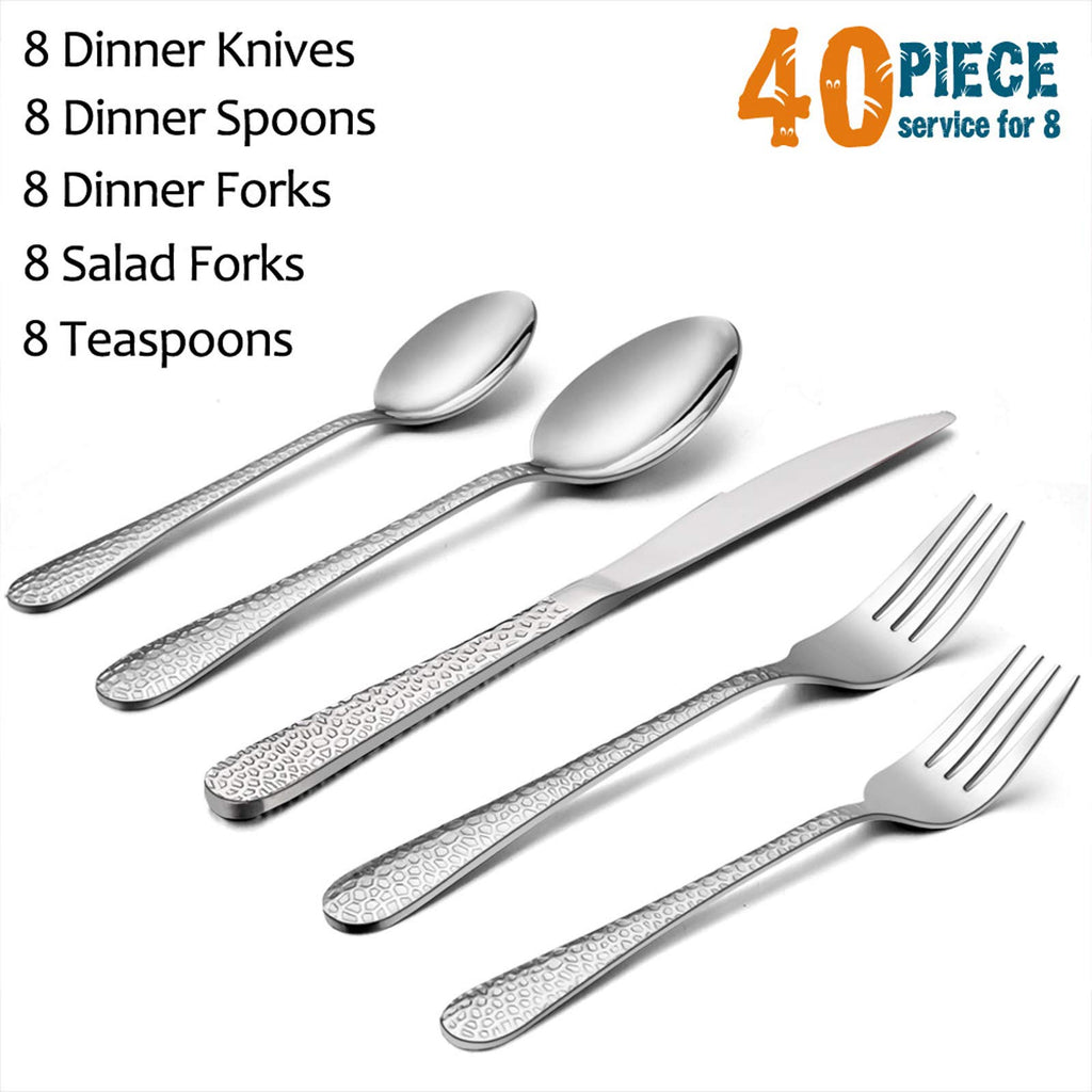 Hammered Silverware Set for 8, 40-Piece Stainless Steel Flatware Cutlery Set, Includes Knives, Forks, Spoons, Modern