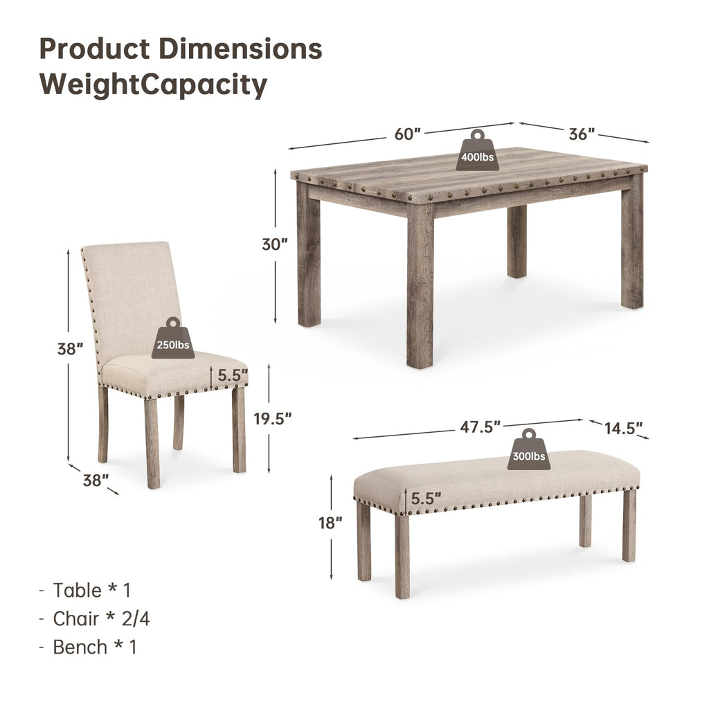 Dining Table Set for 6, Farmhouse Wooden Table & Upholstered Bench & 4 Dining Chairs, Kitchen Dining Set with