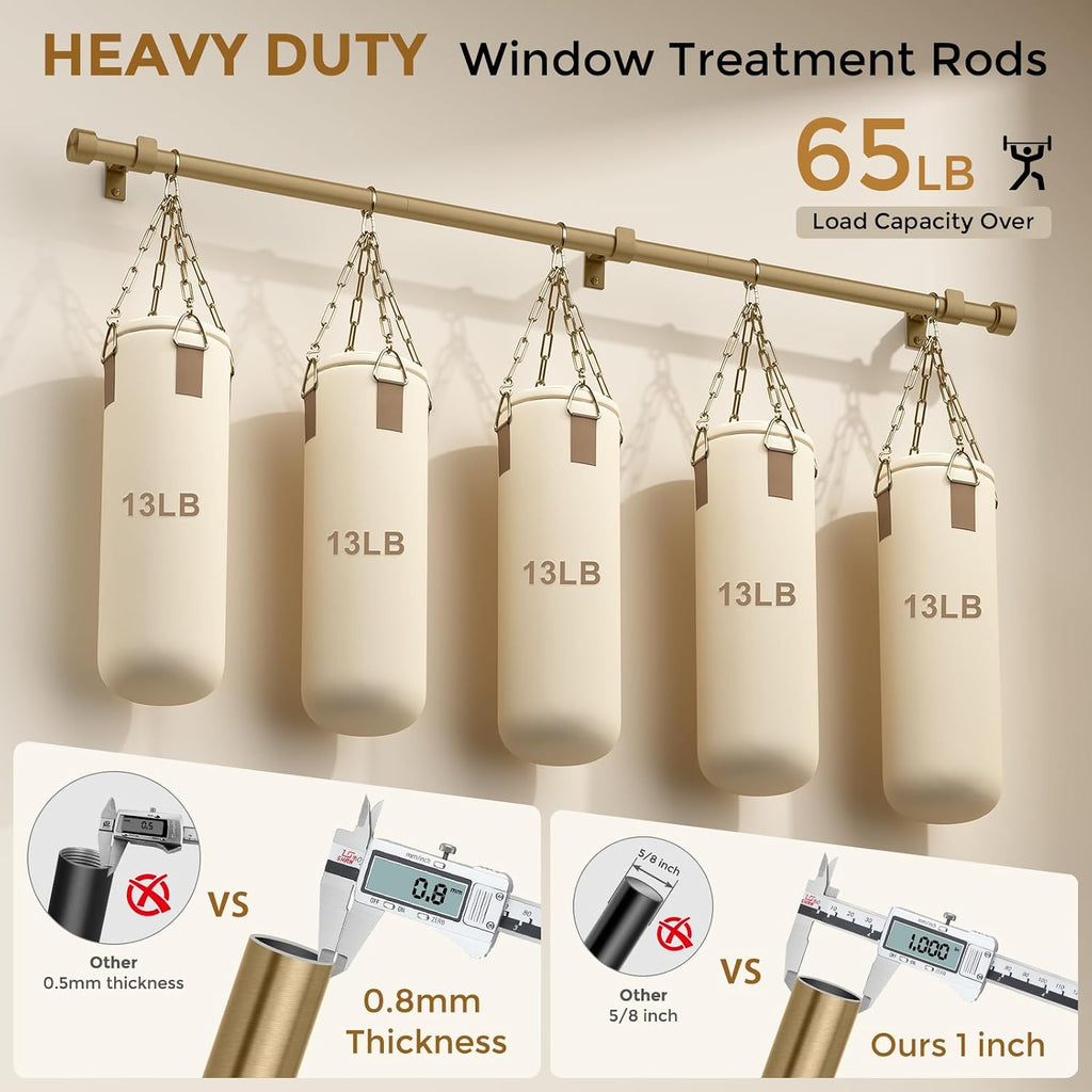 Brass Gold Curtain Rod 34-124 Inch, Brushed Warm Gold 1" Adjustable Long Heavy Duty Curtain Rods for Windows