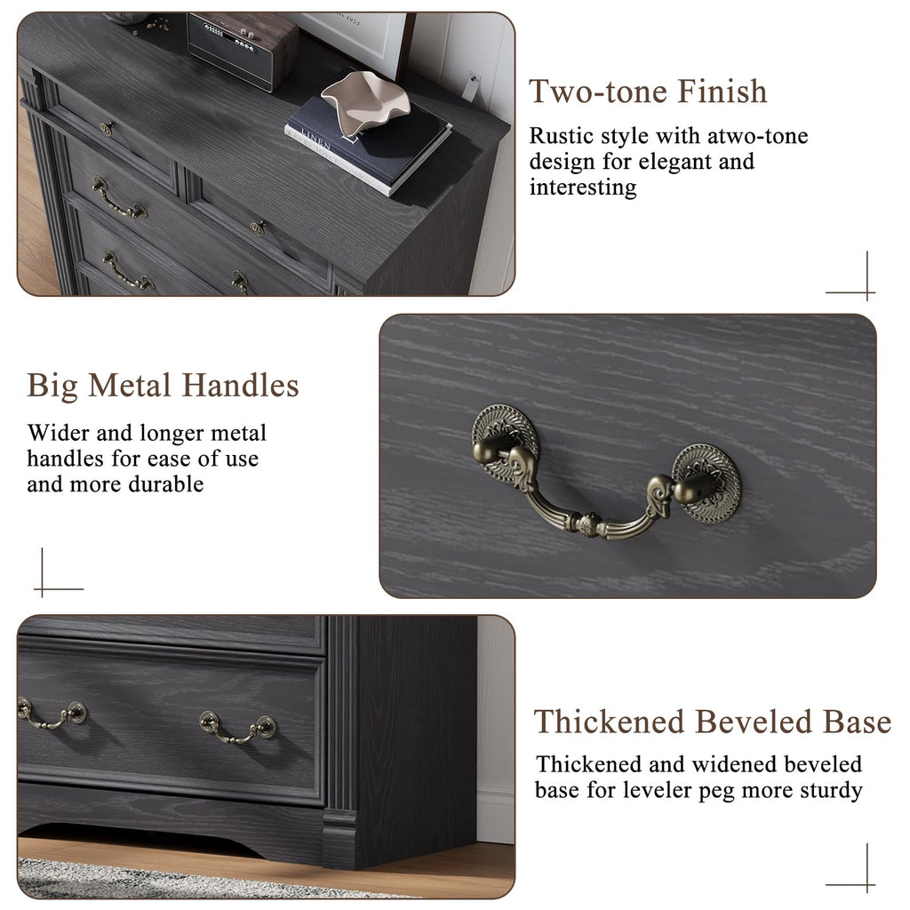 Grey 6 Drawer, 47" Tall, Wood Rustic Chest of Drawers with Chic Wood Pilasters, Dressers Organizer